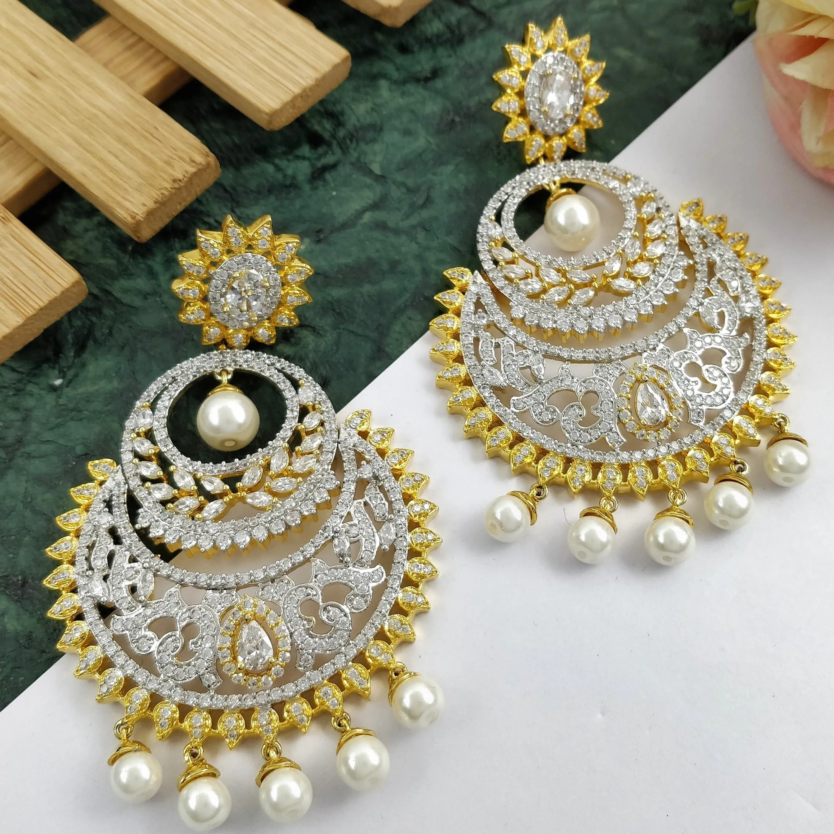 American Diamond Designer Earring With White & Gold Color Stone For Women (E672)
