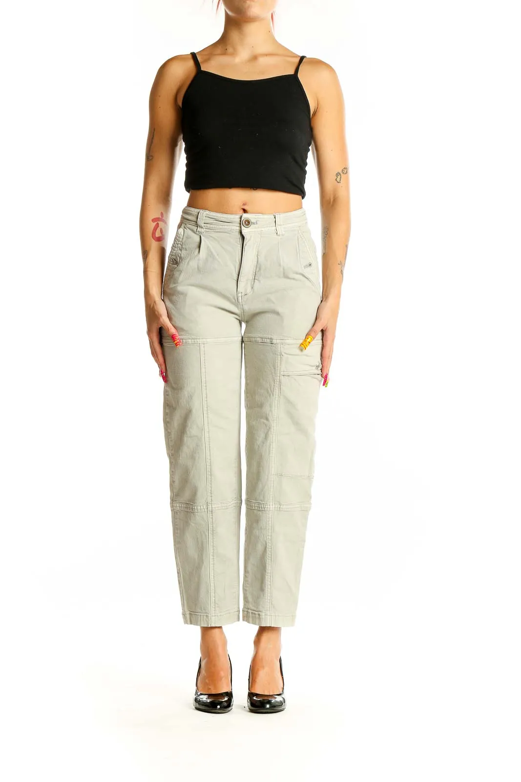 Beige High-Waisted Cargo Pants