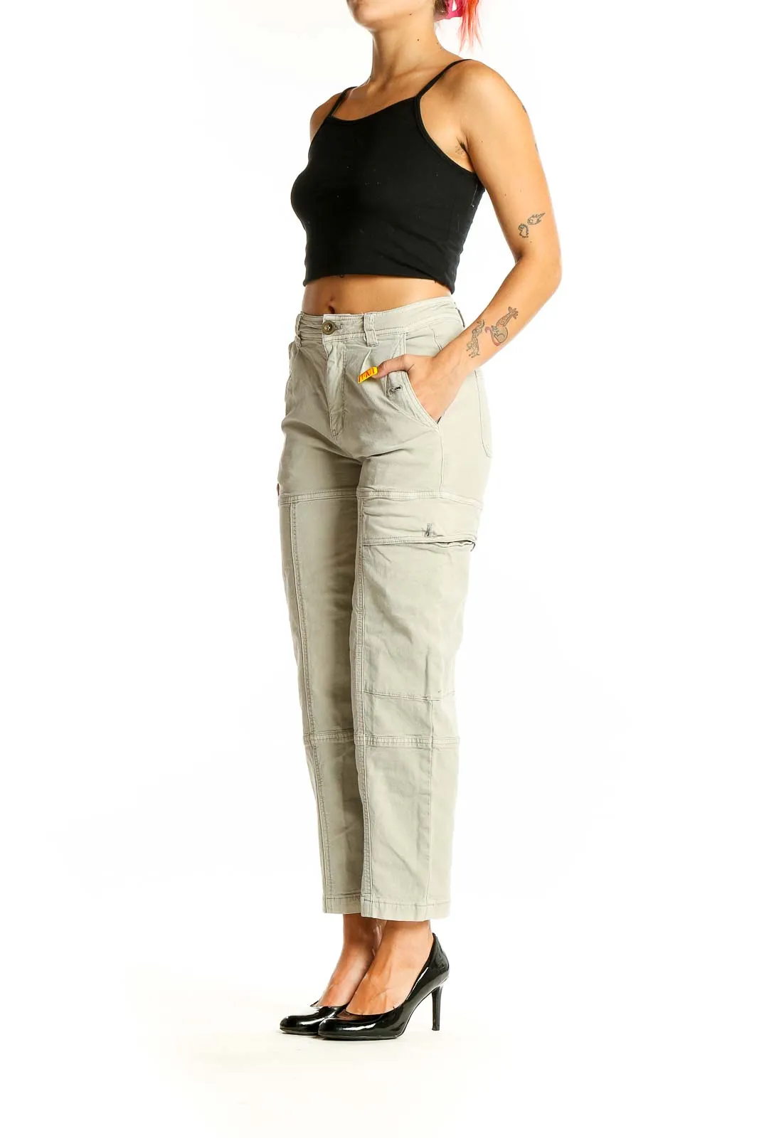 Beige High-Waisted Cargo Pants