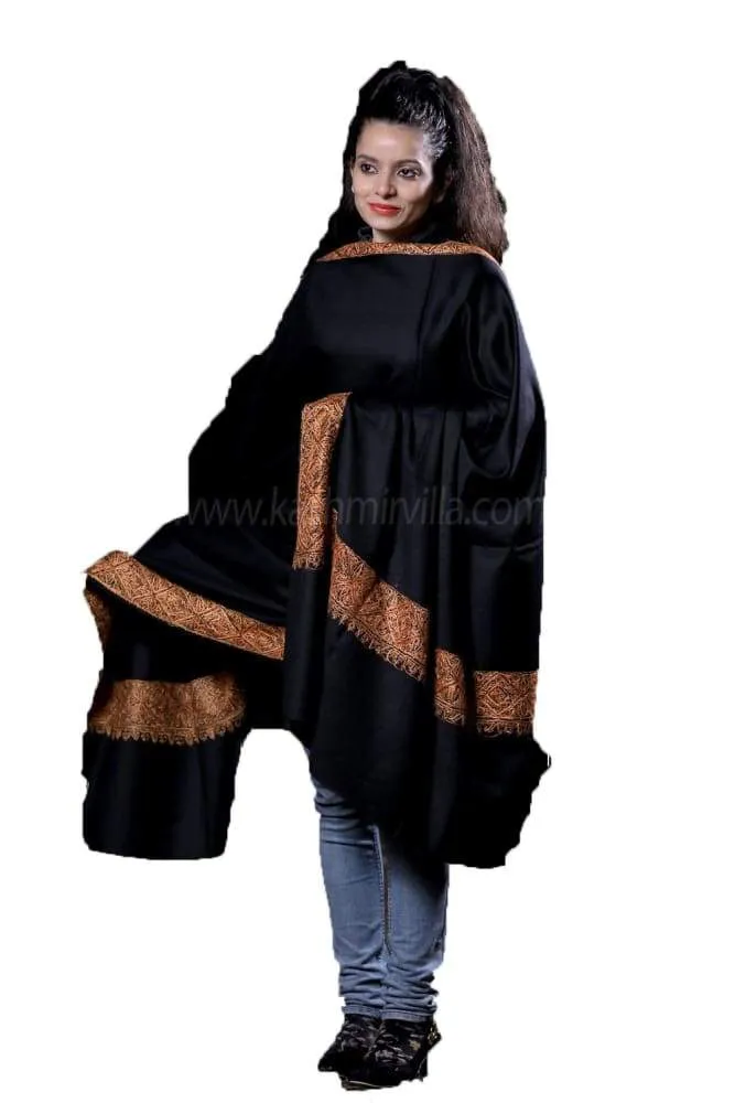Black Colour SemiPashmina Sozni Shawl With Beautiful Border Owning A Unique Accessory.