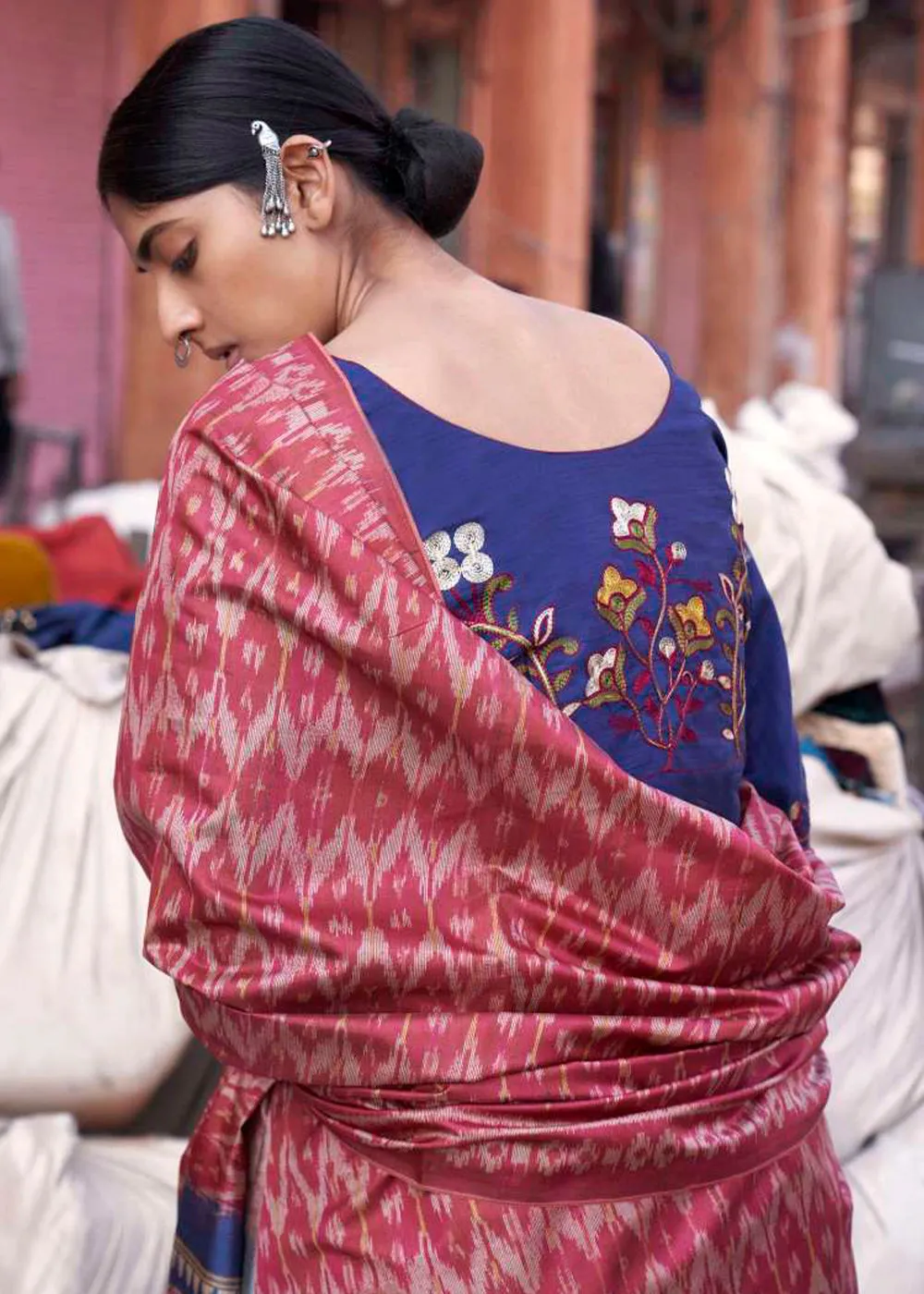 Blush Red Ikkat Silk Saree with Stunning Designer Embroidery Blouse