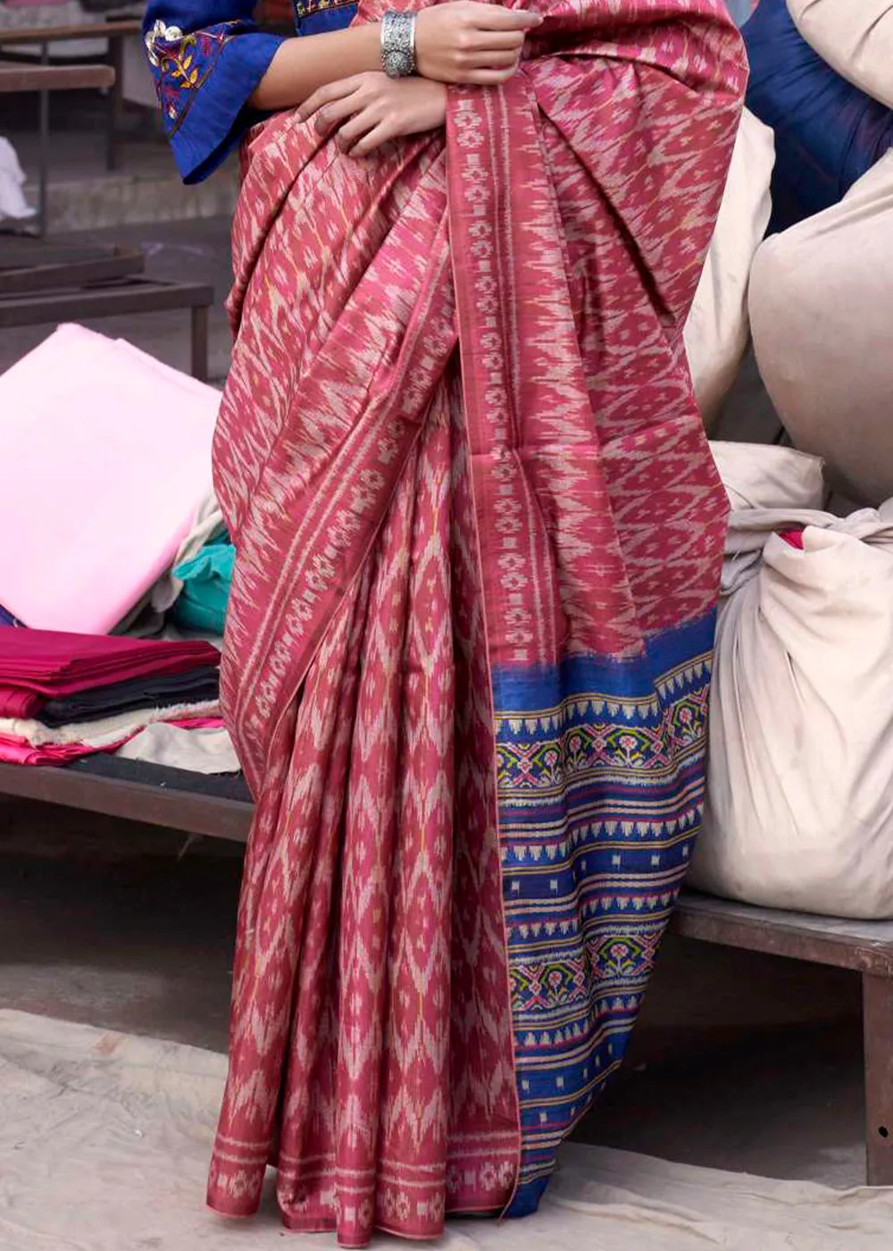 Blush Red Ikkat Silk Saree with Stunning Designer Embroidery Blouse