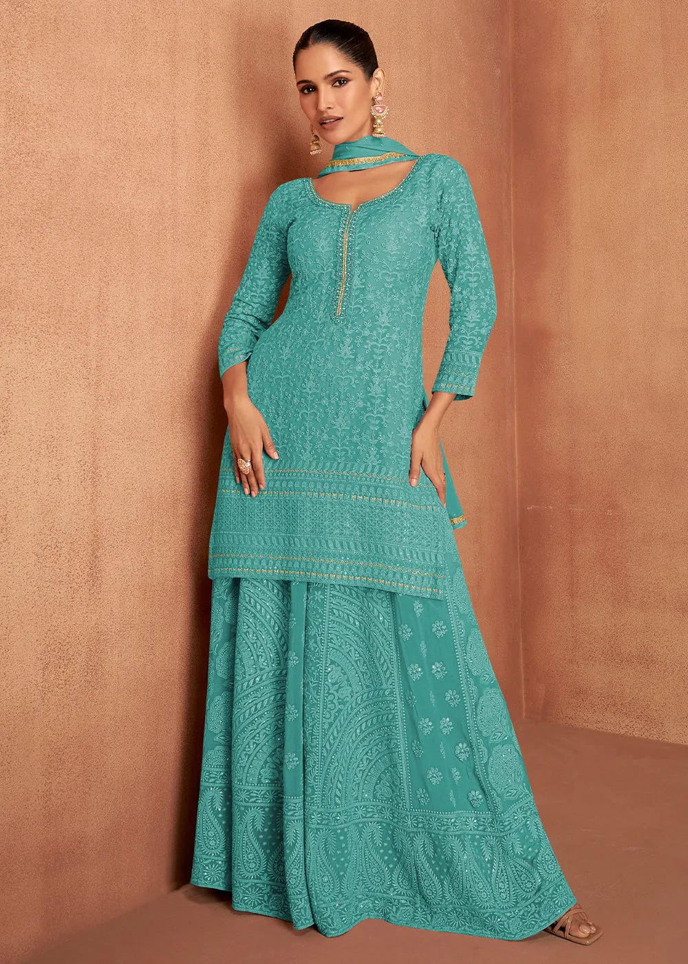 Bondi Blue Thread Embroidery Georgette Plazzo Suit