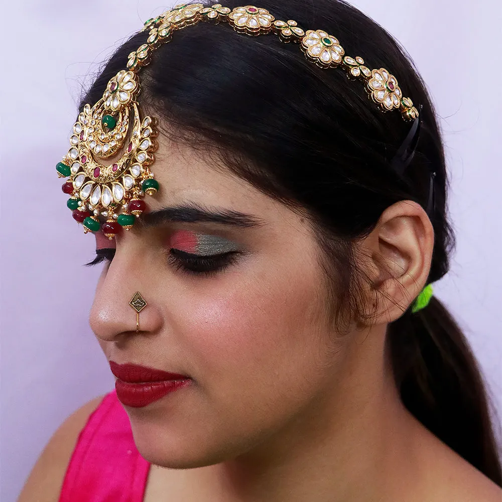 Designer Gold Plated Royal Kundan Ruby & Emerald Sheeshphool/Mathapatti (D82)