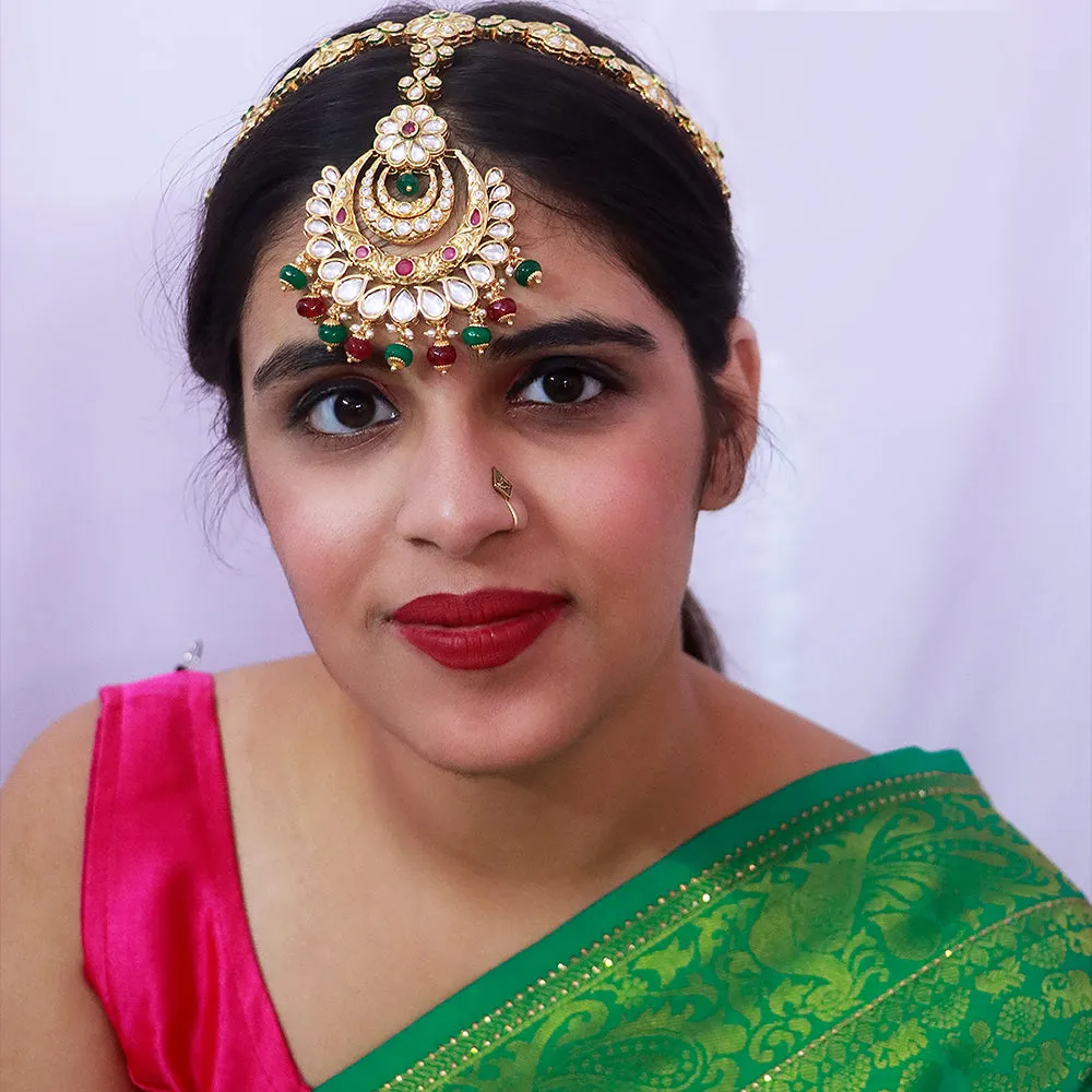 Designer Gold Plated Royal Kundan Ruby & Emerald Sheeshphool/Mathapatti (D82)