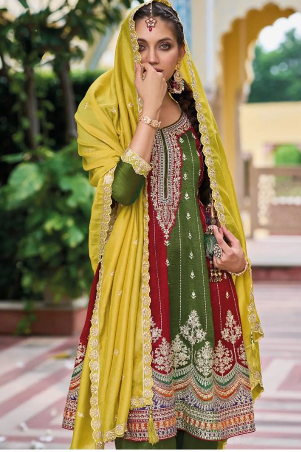 Designer Green & Red Color Suit with Salwar & Dupatta in Silk (D1066) (Deal)