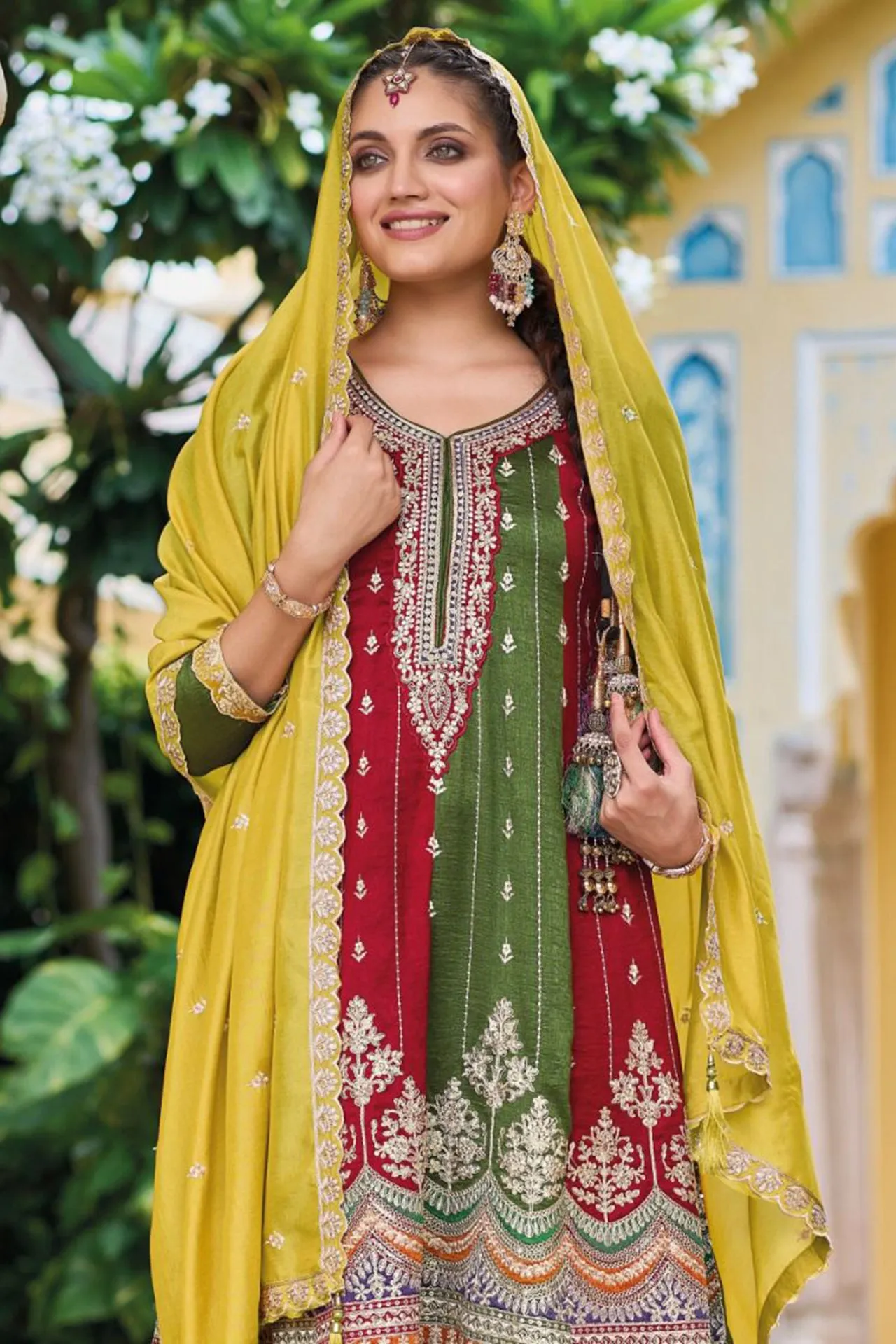 Designer Green & Red Color Suit with Salwar & Dupatta in Silk (D1066) (Deal)
