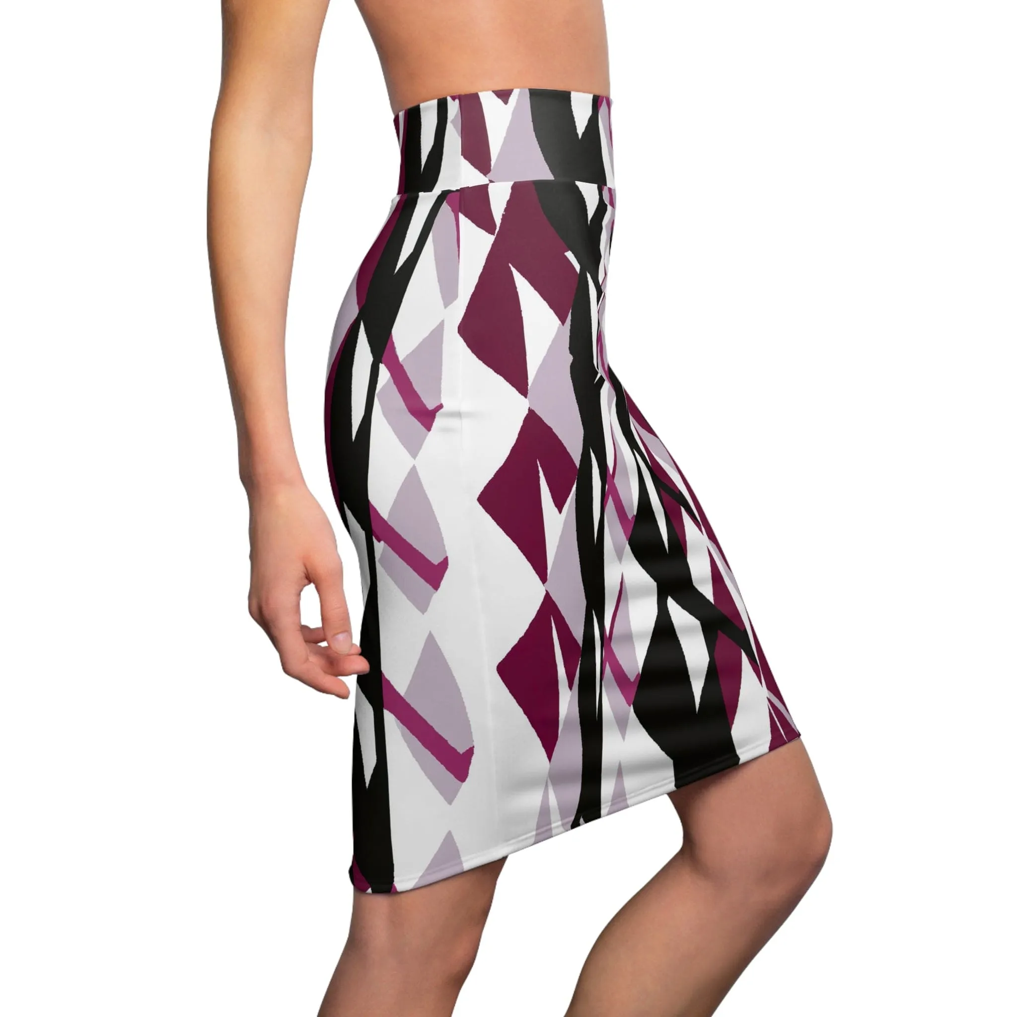 High Waist Womens Pencil Skirt - Contour Stretch - Mauve Pink and Black Geometric Pattern