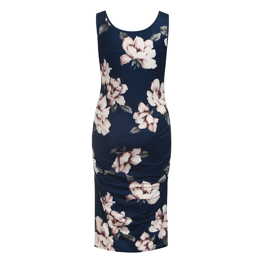 Ladies Floral Print Sleeveless Midi Maternity Dress