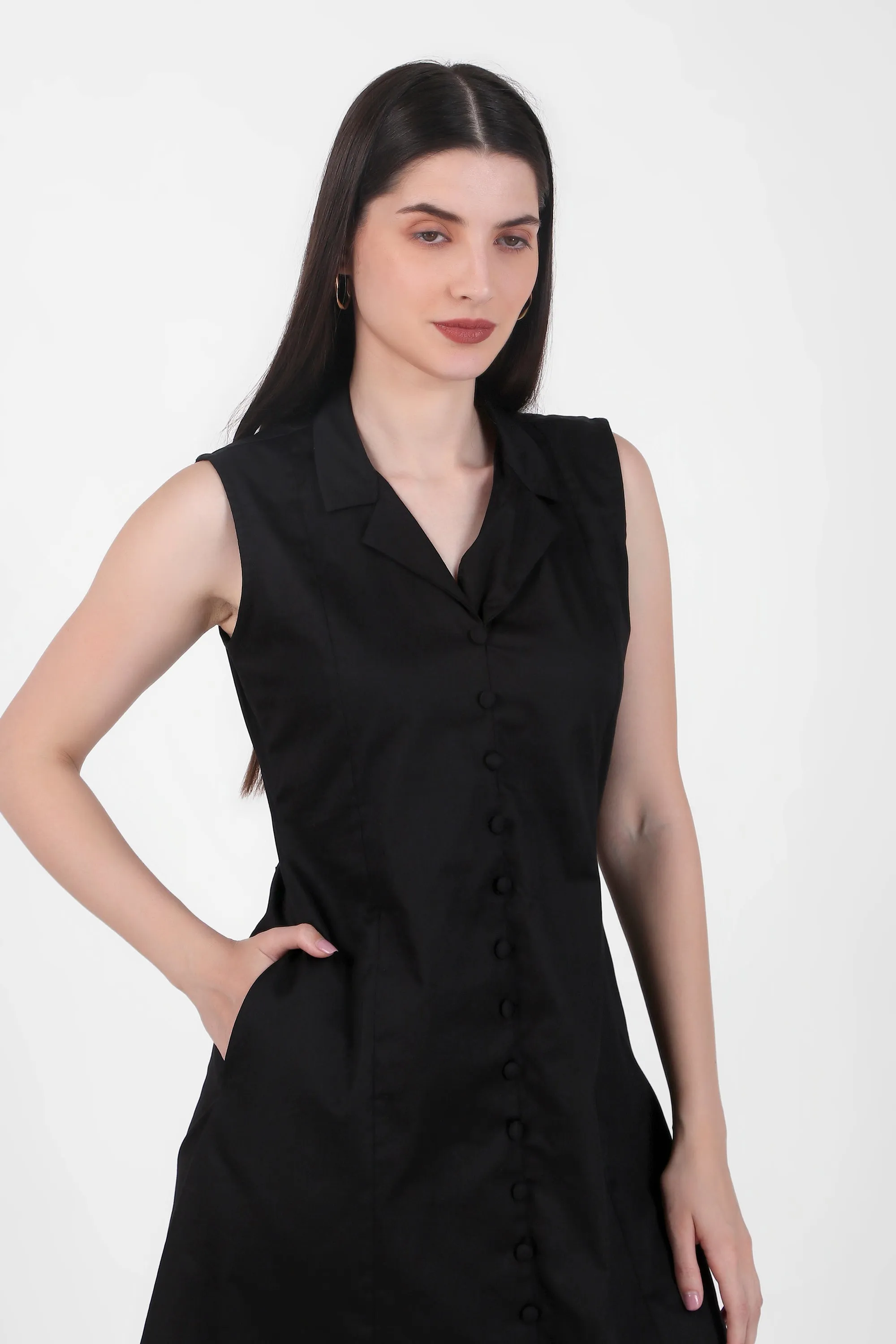 Lapel Grace Calf-Length Dress, Black