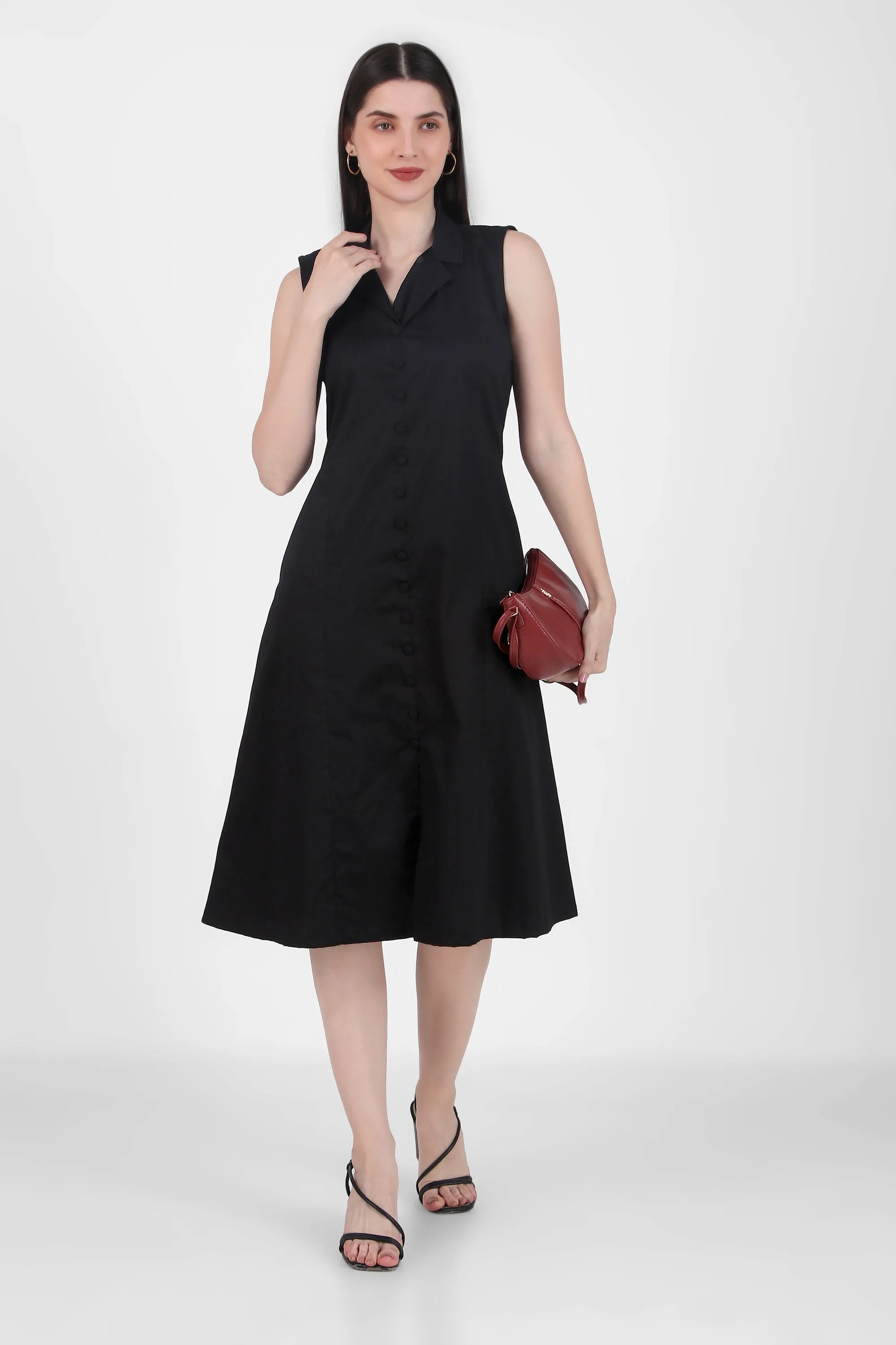 Lapel Grace Calf-Length Dress, Black