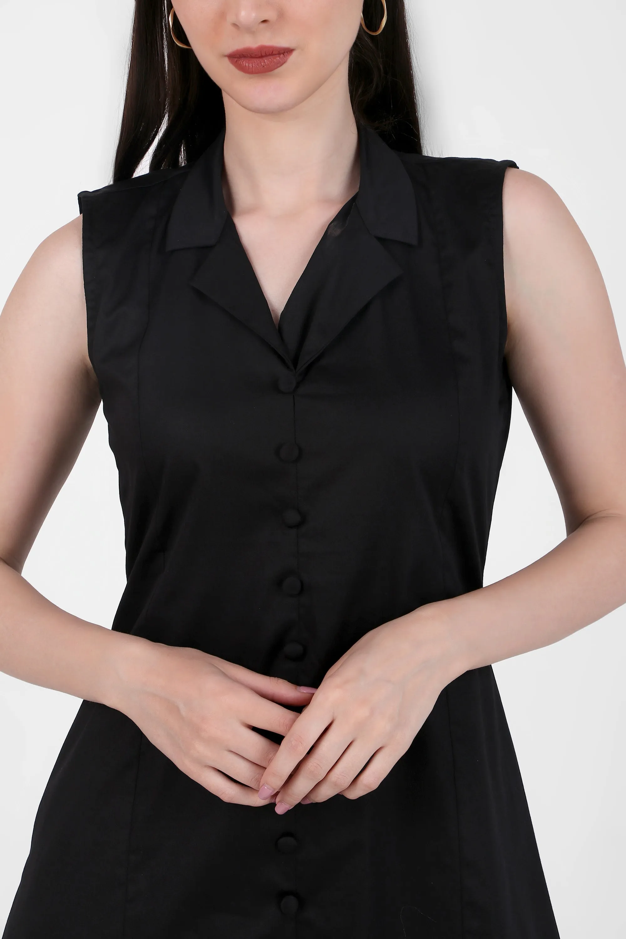 Lapel Grace Calf-Length Dress, Black