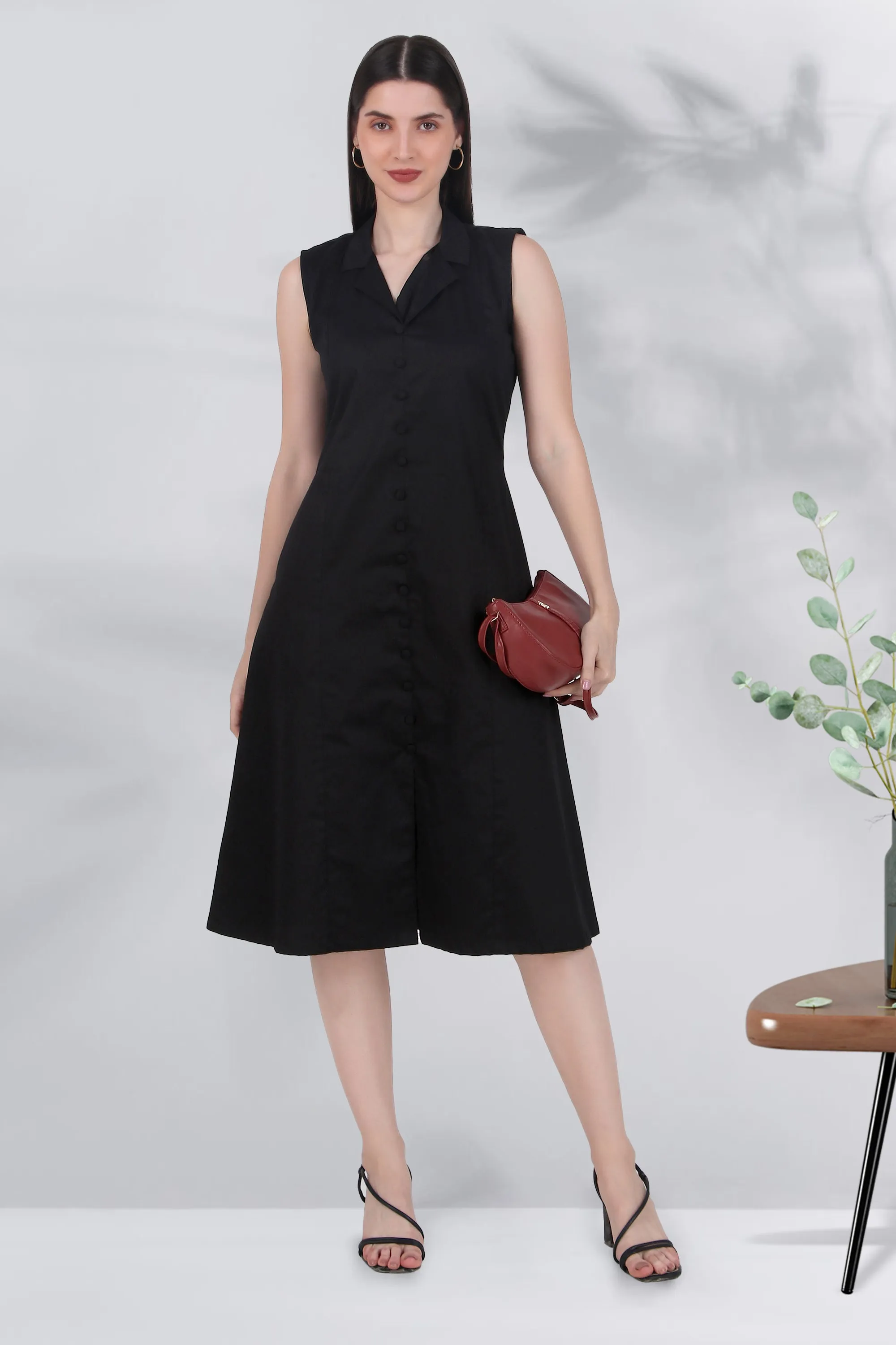 Lapel Grace Calf-Length Dress, Black