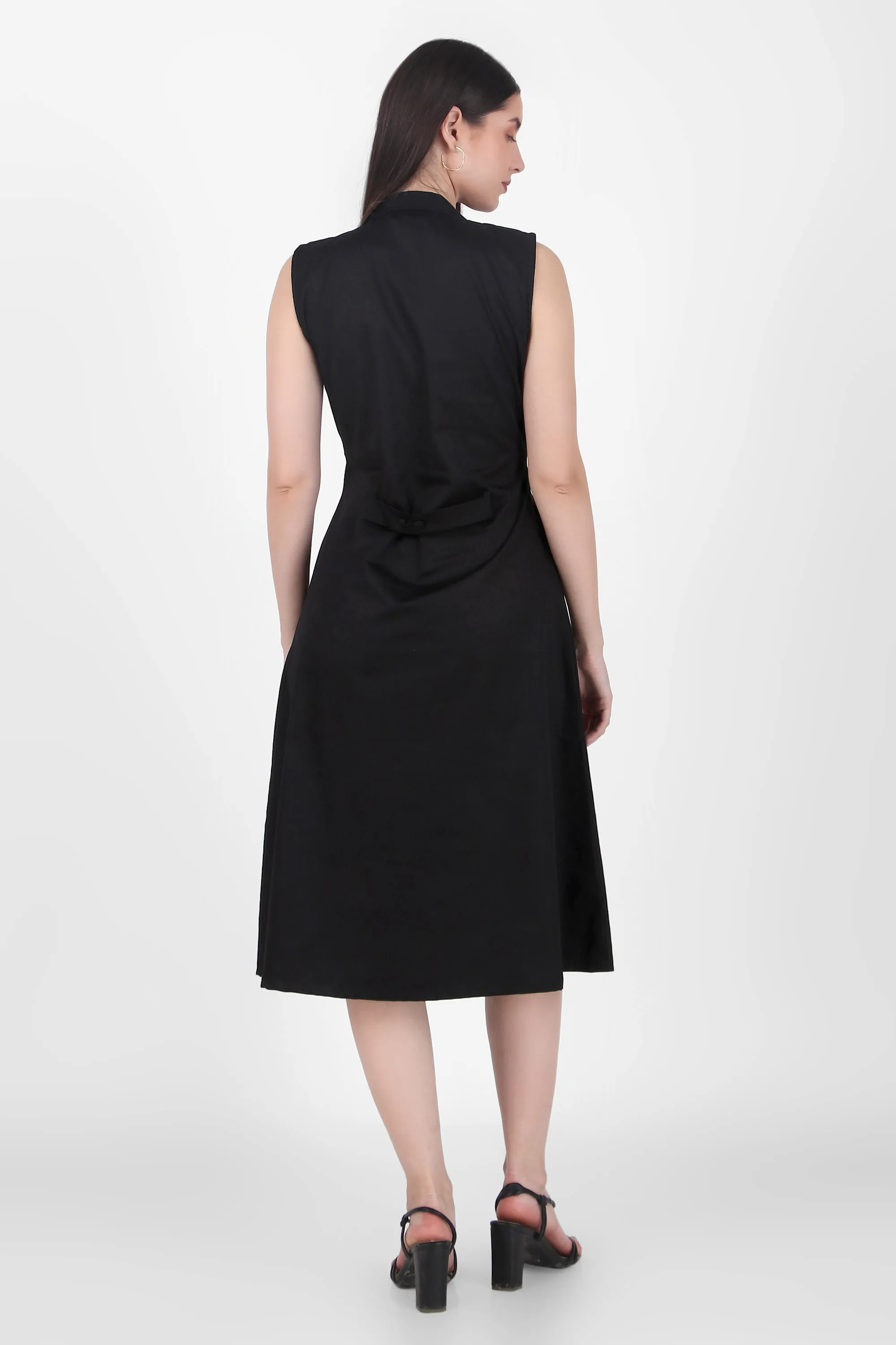 Lapel Grace Calf-Length Dress, Black