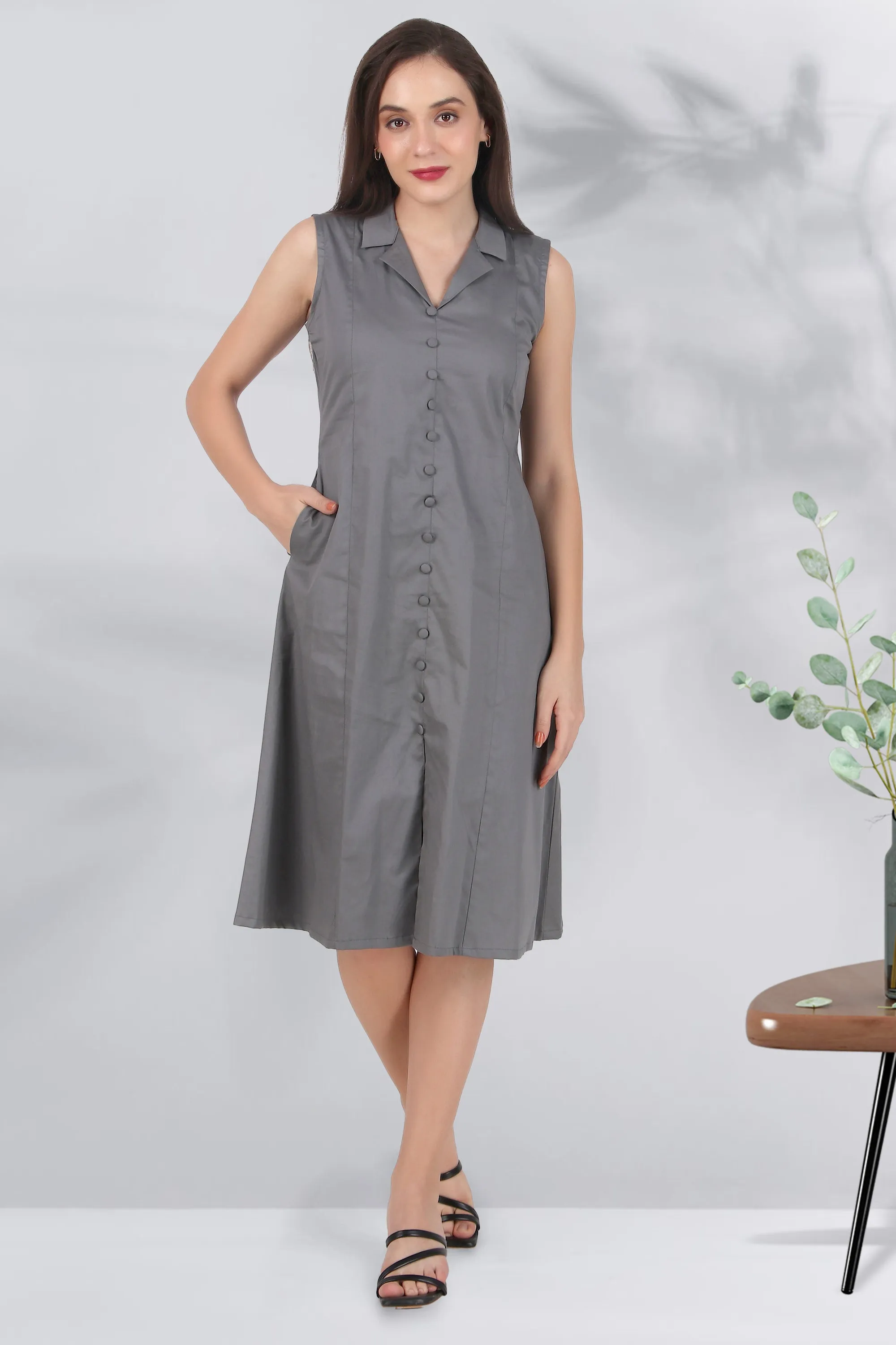 Lapel Grace Calf-Length Dress, Dark Gray