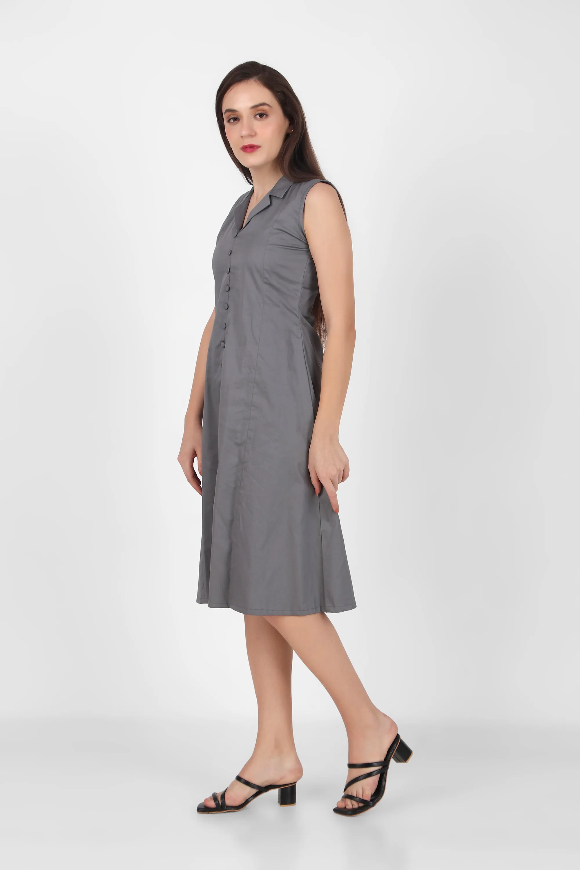 Lapel Grace Calf-Length Dress, Dark Gray