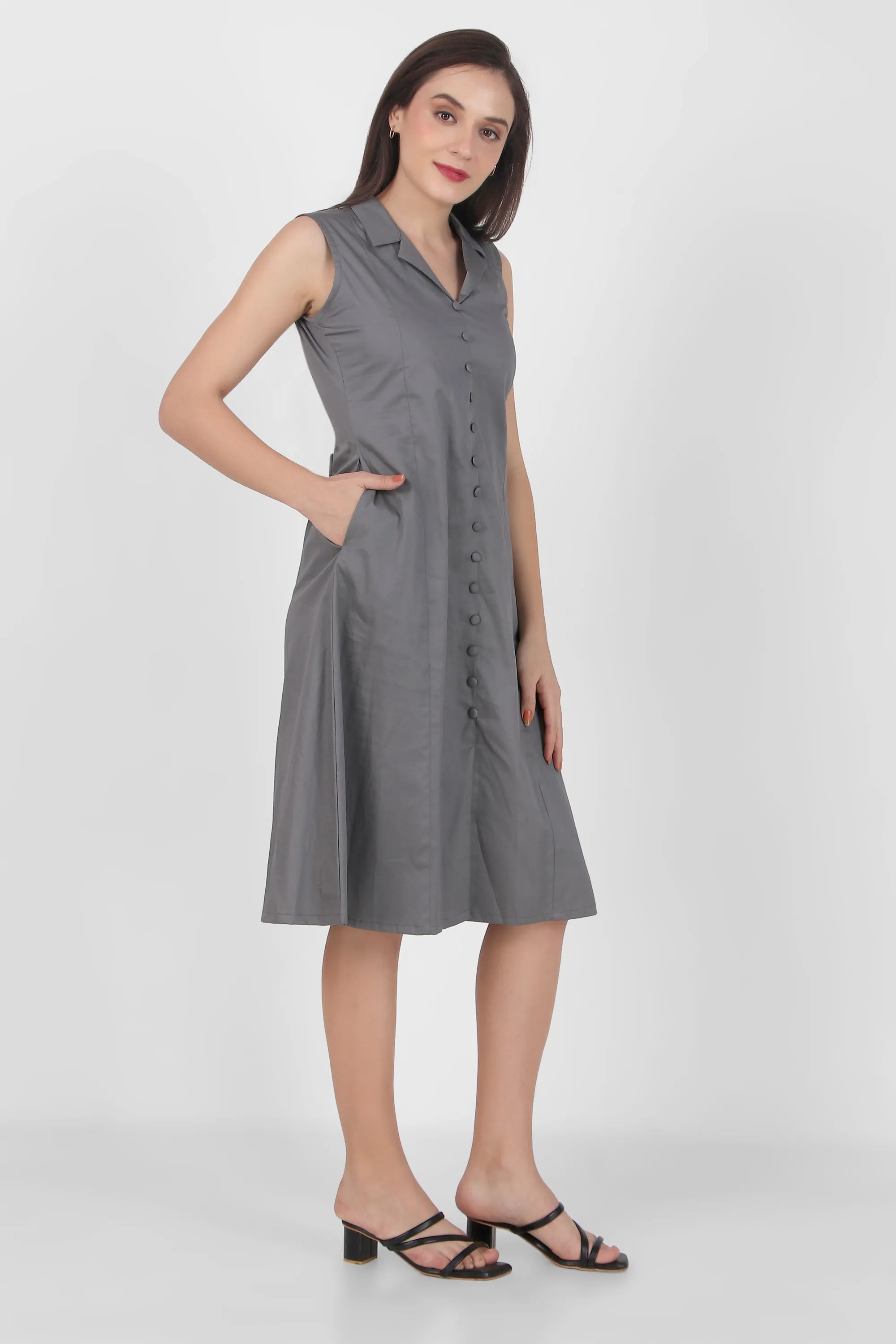 Lapel Grace Calf-Length Dress, Dark Gray