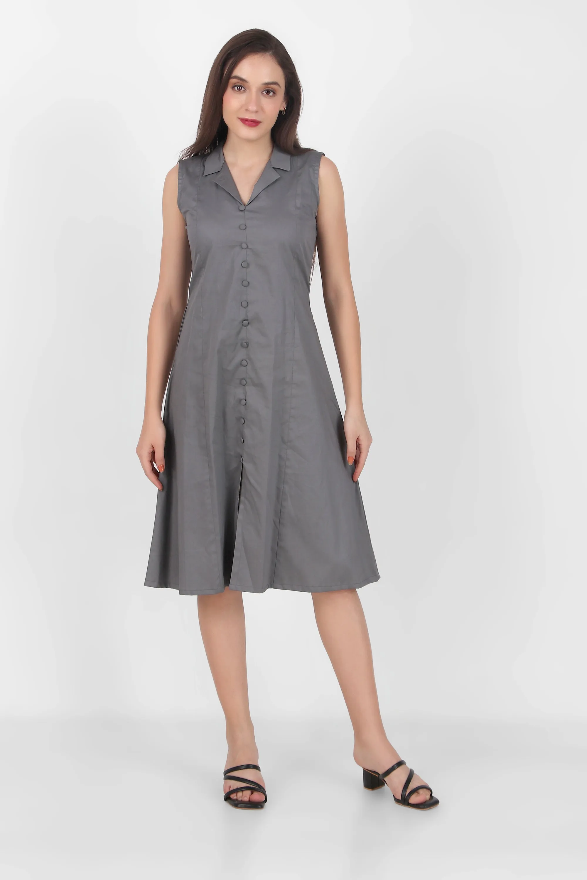 Lapel Grace Calf-Length Dress, Dark Gray
