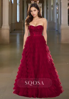 Off-Shoulder Sweetheart Sleeveless A-Line Prom Dress Beaded Applique Tulle Tiered Formal Gowns