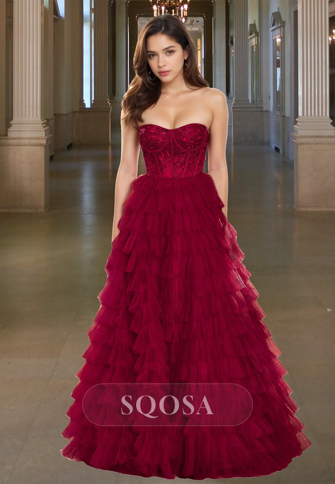 Off-Shoulder Sweetheart Sleeveless A-Line Prom Dress Beaded Applique Tulle Tiered Formal Gowns