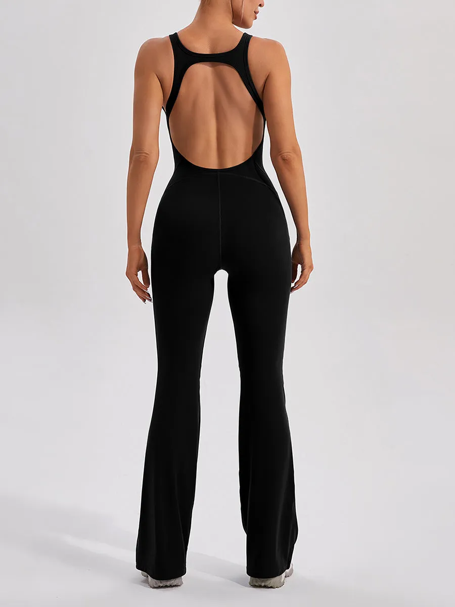 Plain Women Unitards Backless Flare Leg Skin-Friendly Sleeveless Romper