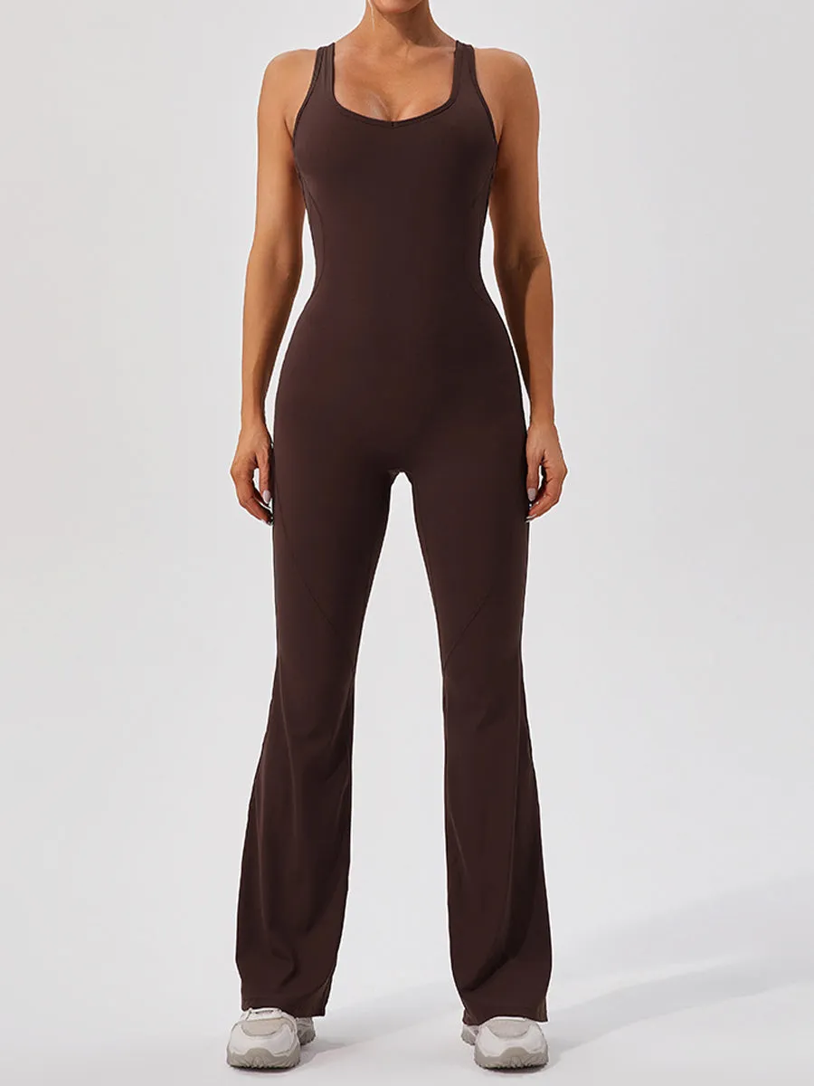 Plain Women Unitards Backless Flare Leg Skin-Friendly Sleeveless Romper