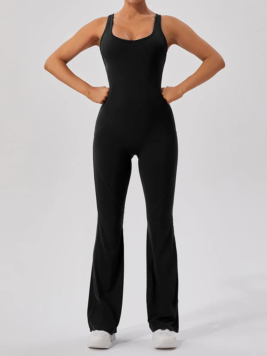 Plain Women Unitards Backless Flare Leg Skin-Friendly Sleeveless Romper