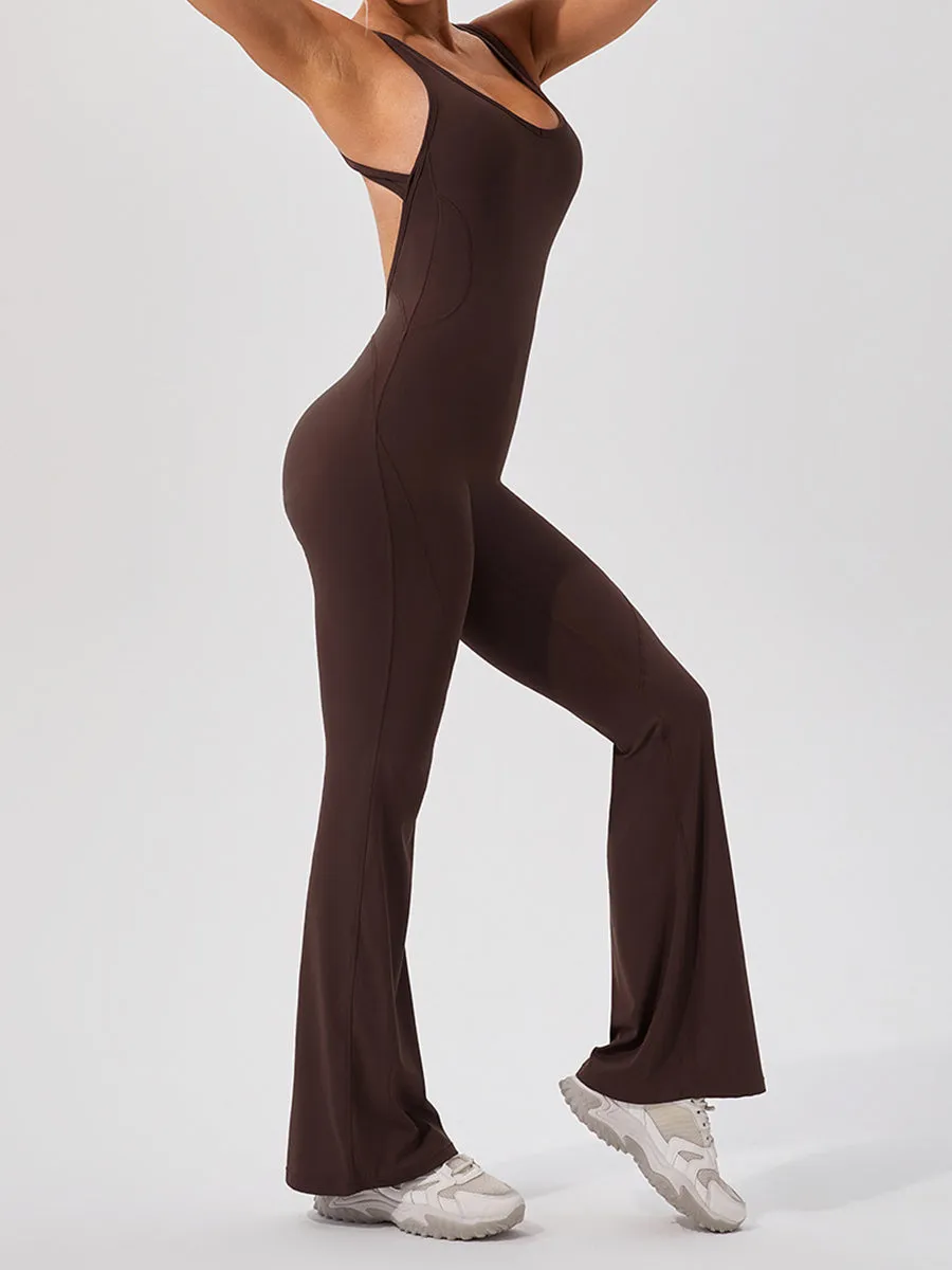 Plain Women Unitards Backless Flare Leg Skin-Friendly Sleeveless Romper
