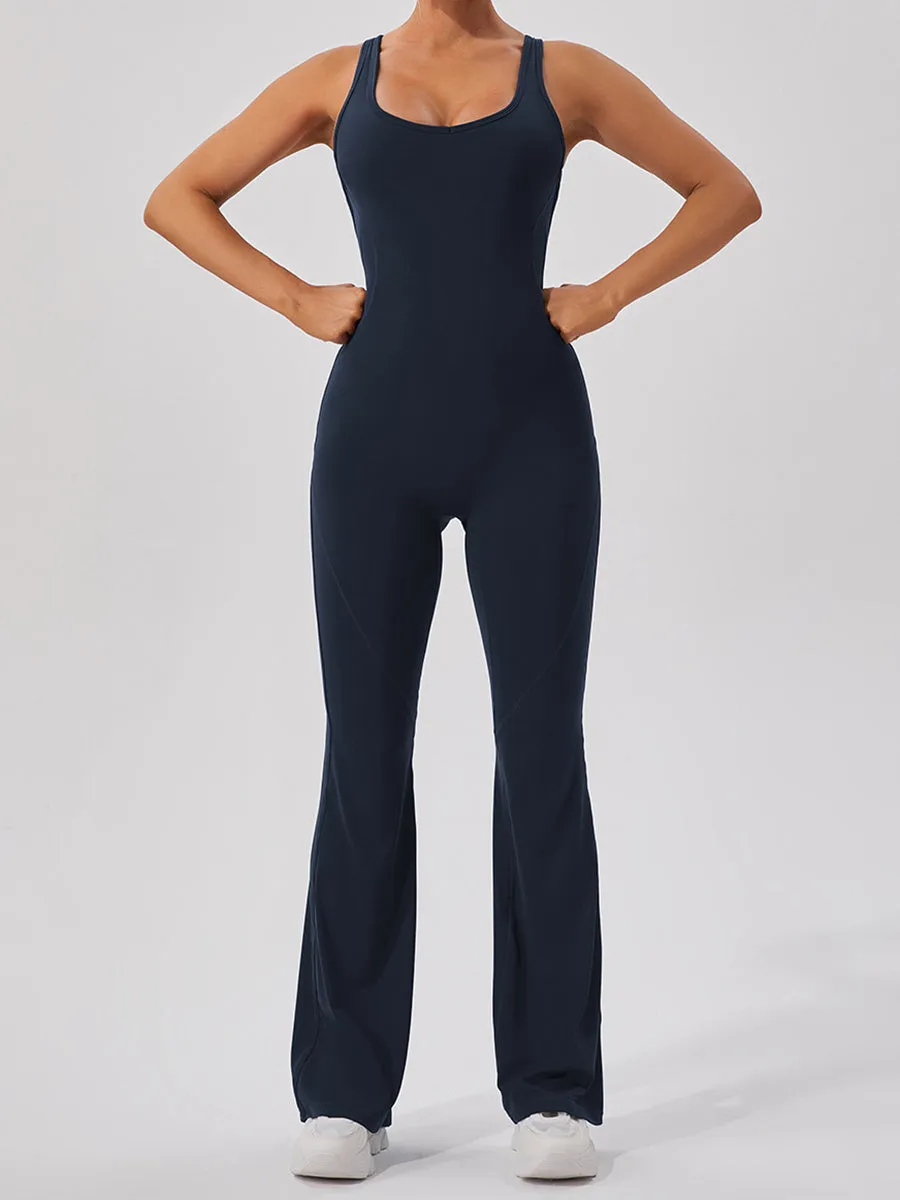 Plain Women Unitards Backless Flare Leg Skin-Friendly Sleeveless Romper