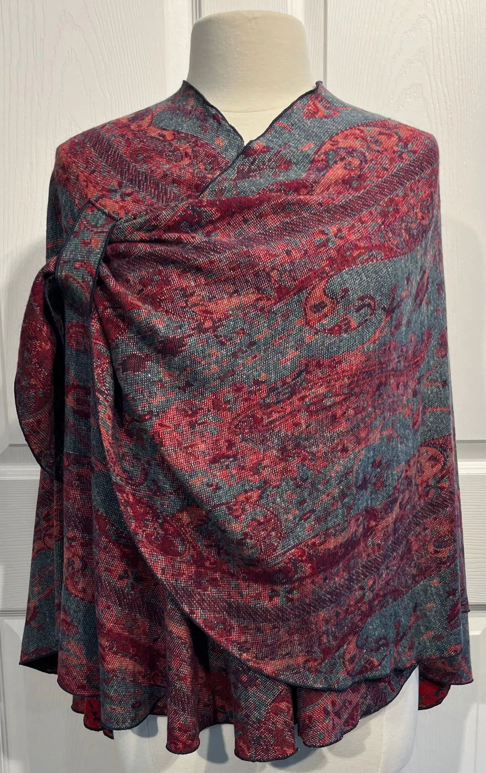 Red, Navy & Sage Green Reversible Cashmere Shawl