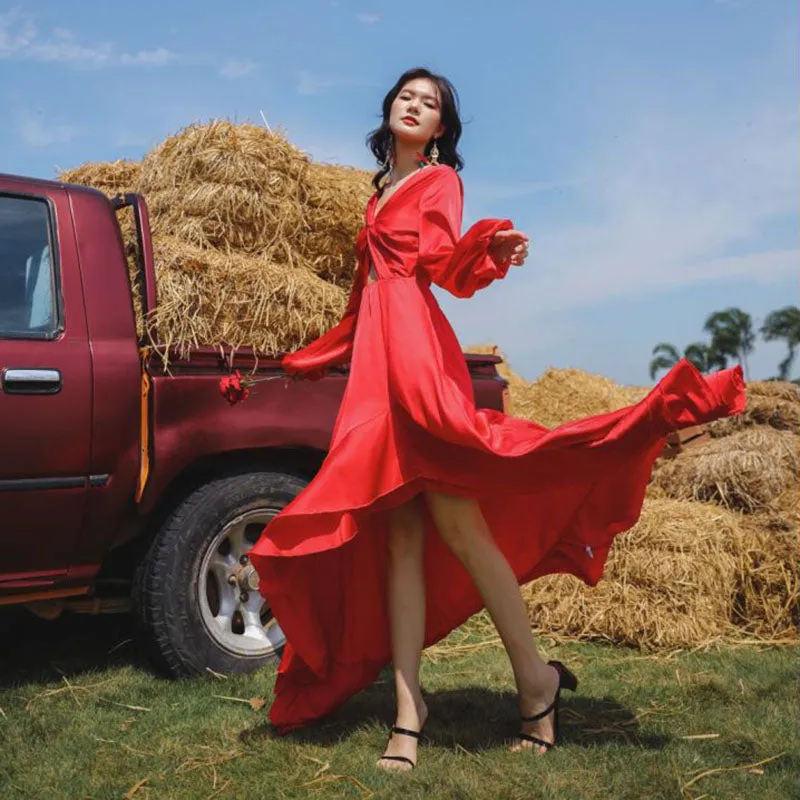 Red Sexy V Neck Knot Backless Ruched Fishtail Maxi Dress