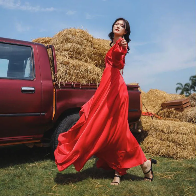Red Sexy V Neck Knot Backless Ruched Fishtail Maxi Dress