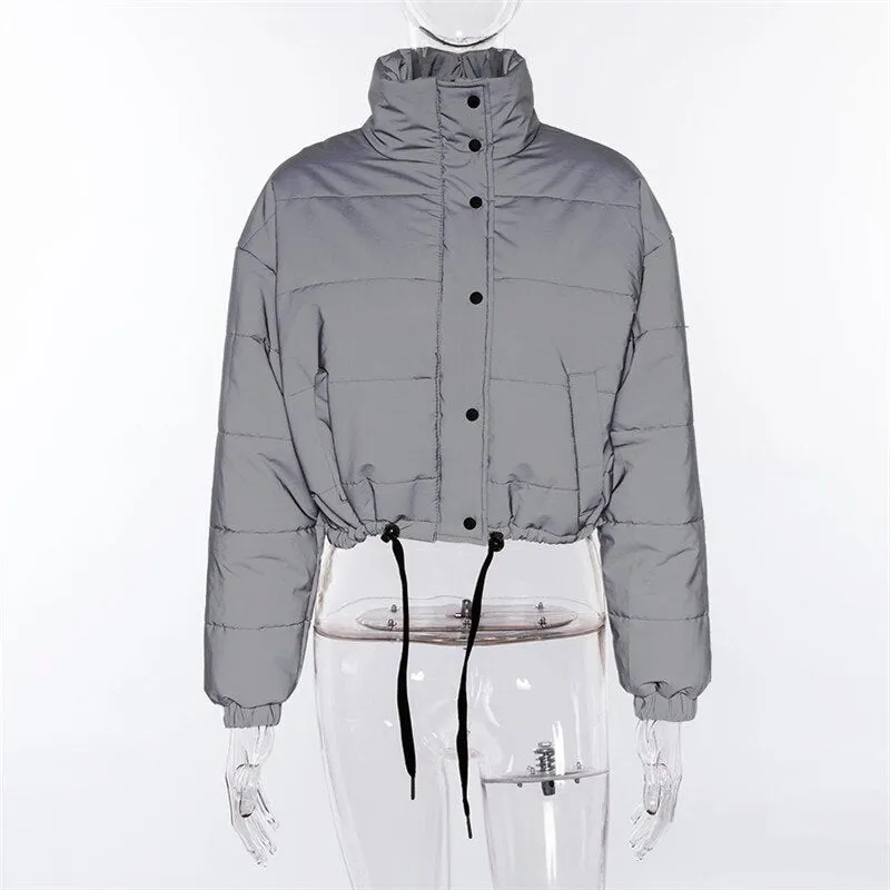 Reflective Metallic Ladies Short Zipper 3/4 Length Down Jacket
