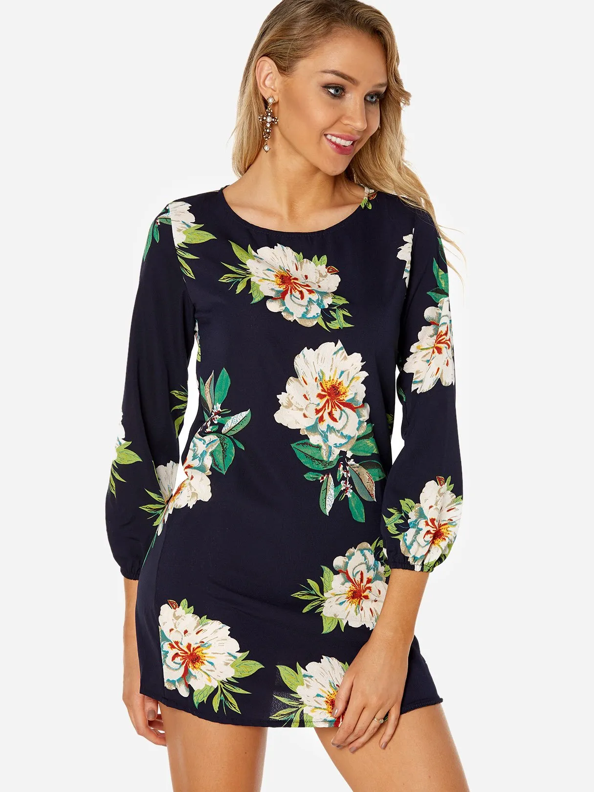 Wholesale Round Neck Long Sleeve Floral Print Backless Lace-Up Dresses