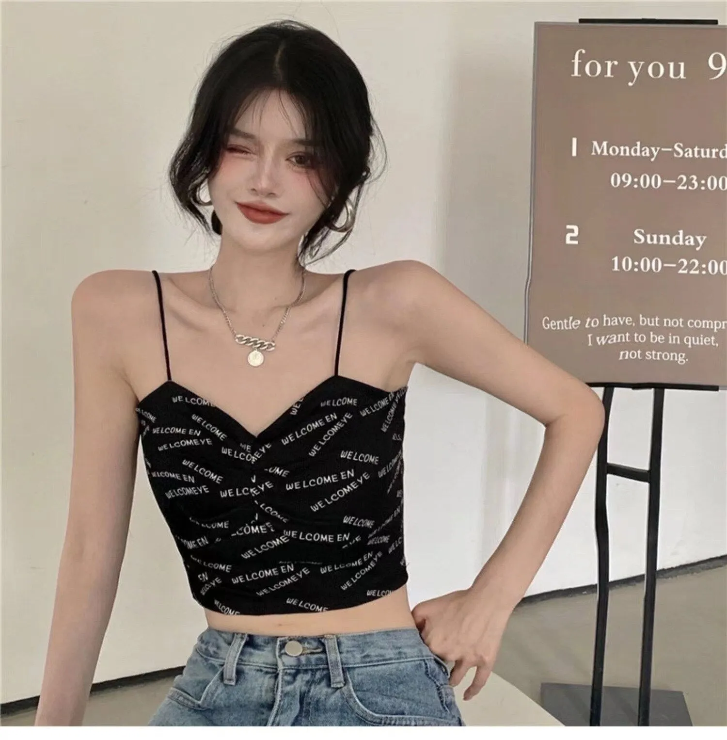 Wjczt Women's Sexy Beautiful Back Tank Top Letter Print Camisole Push Up Knitting Crop Top Seamless Padded Underwear Summer 2022 New