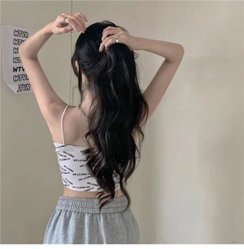 Wjczt Women's Sexy Beautiful Back Tank Top Letter Print Camisole Push Up Knitting Crop Top Seamless Padded Underwear Summer 2022 New