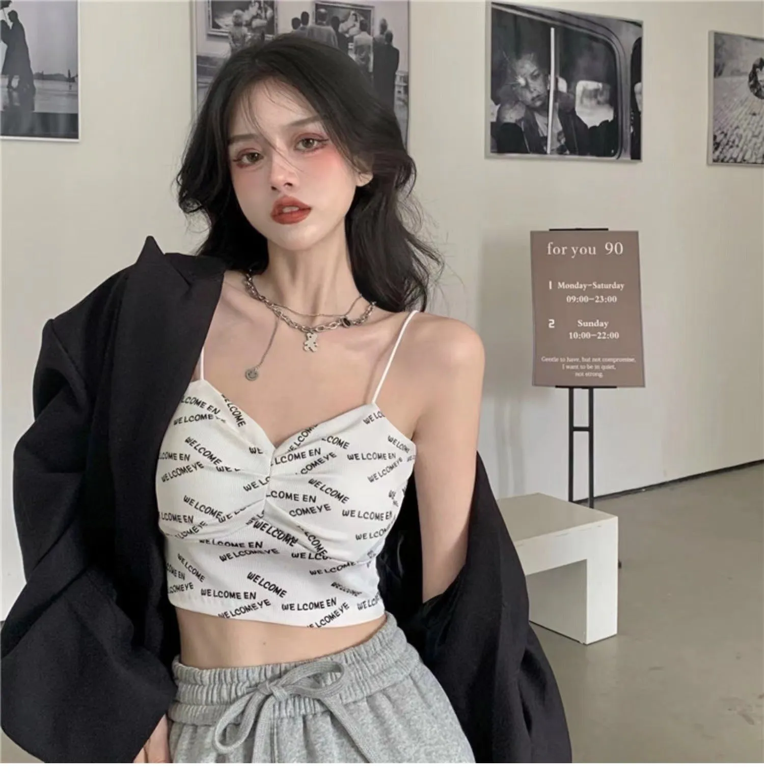 Wjczt Women's Sexy Beautiful Back Tank Top Letter Print Camisole Push Up Knitting Crop Top Seamless Padded Underwear Summer 2022 New