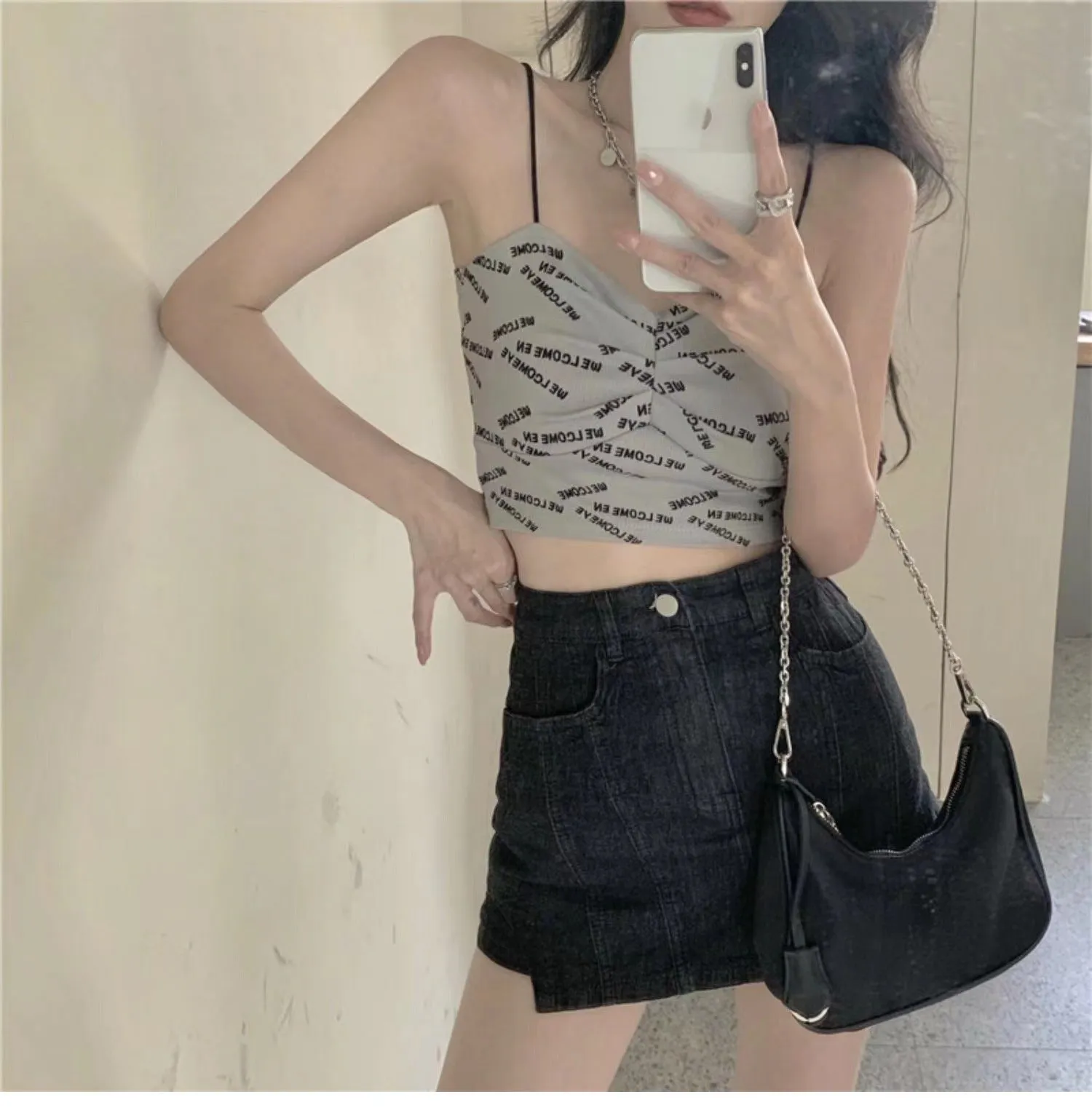 Wjczt Women's Sexy Beautiful Back Tank Top Letter Print Camisole Push Up Knitting Crop Top Seamless Padded Underwear Summer 2022 New
