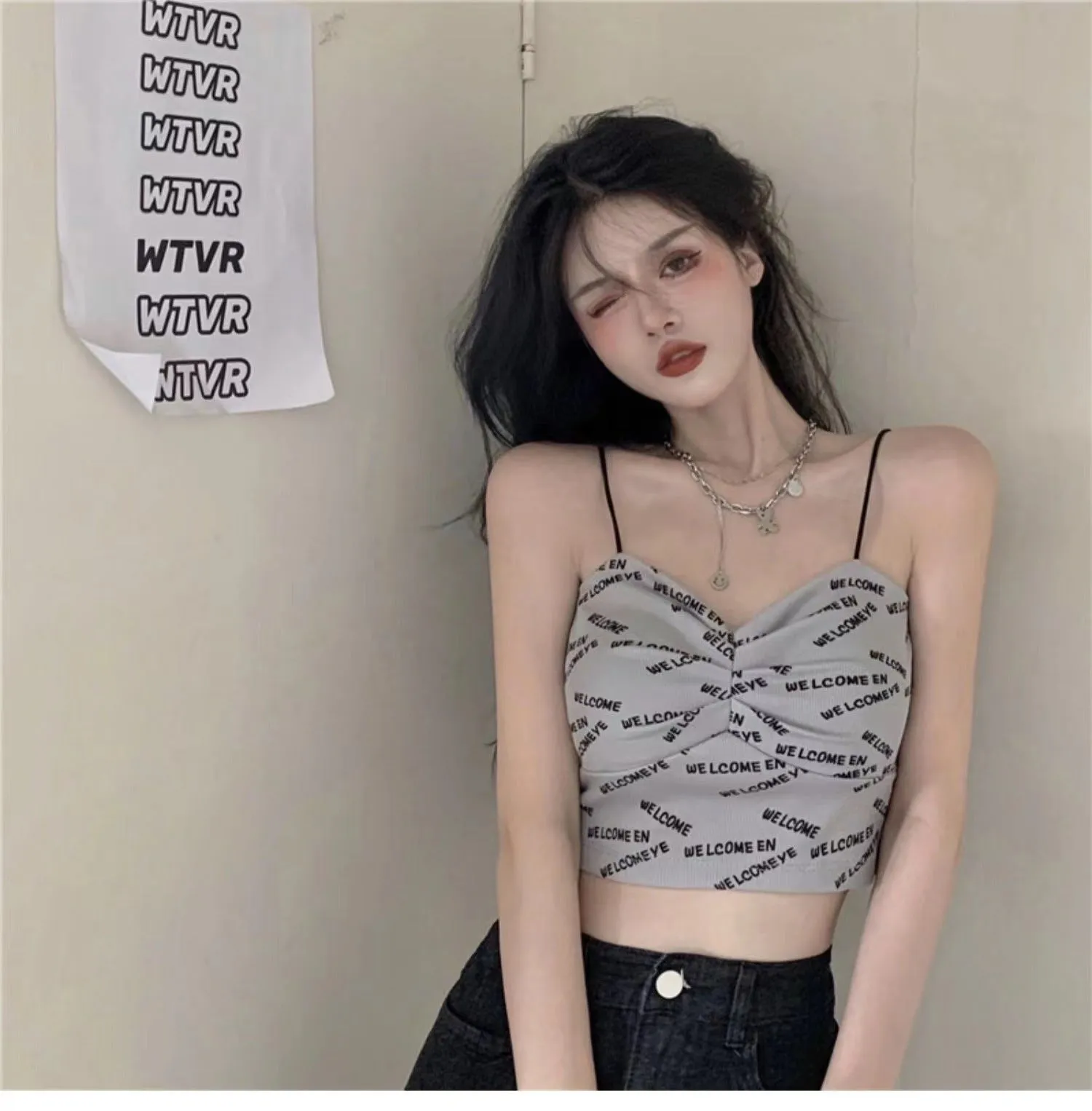 Wjczt Women's Sexy Beautiful Back Tank Top Letter Print Camisole Push Up Knitting Crop Top Seamless Padded Underwear Summer 2022 New