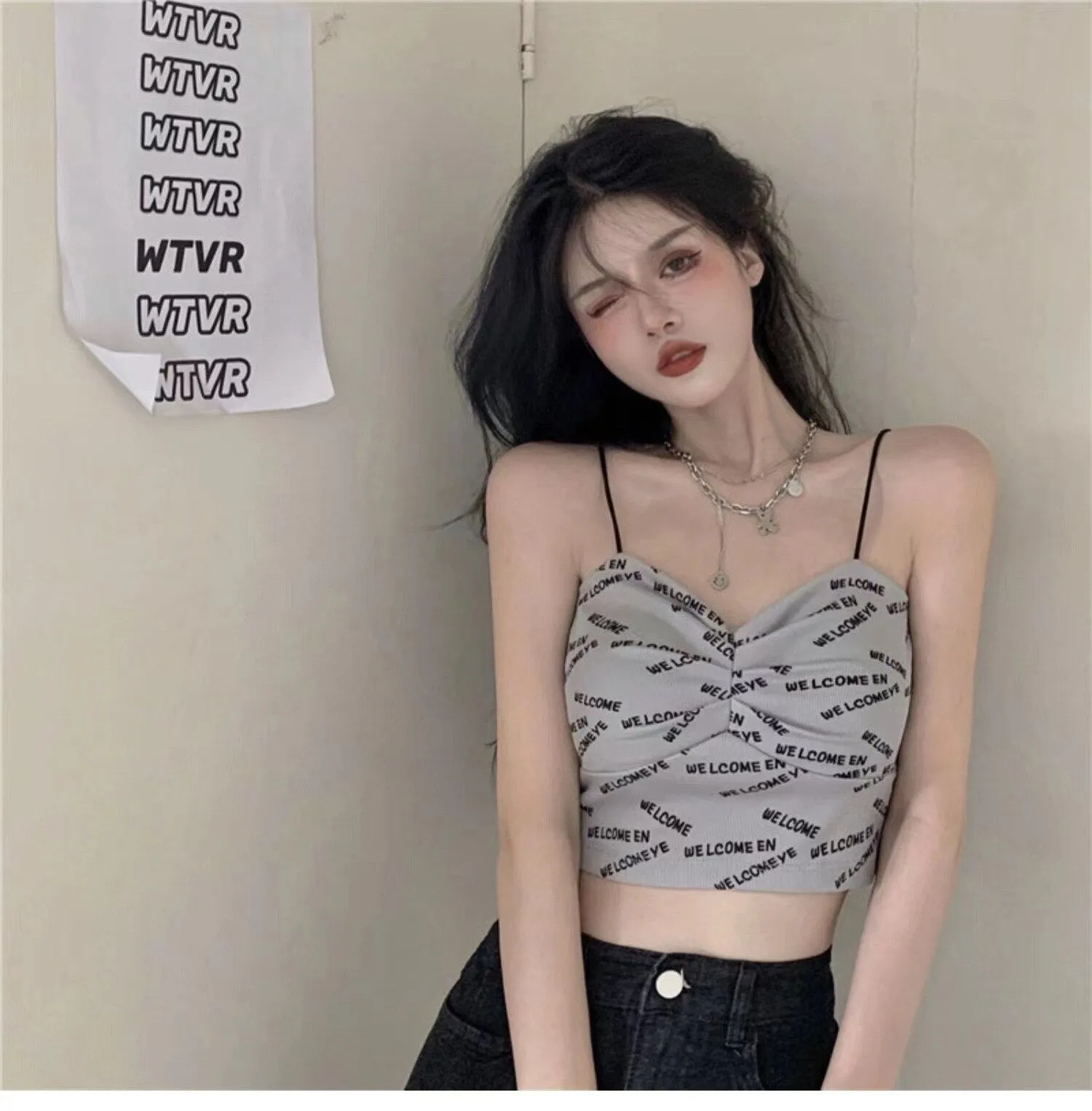 Wjczt Women's Sexy Beautiful Back Tank Top Letter Print Camisole Push Up Knitting Crop Top Seamless Padded Underwear Summer 2022 New